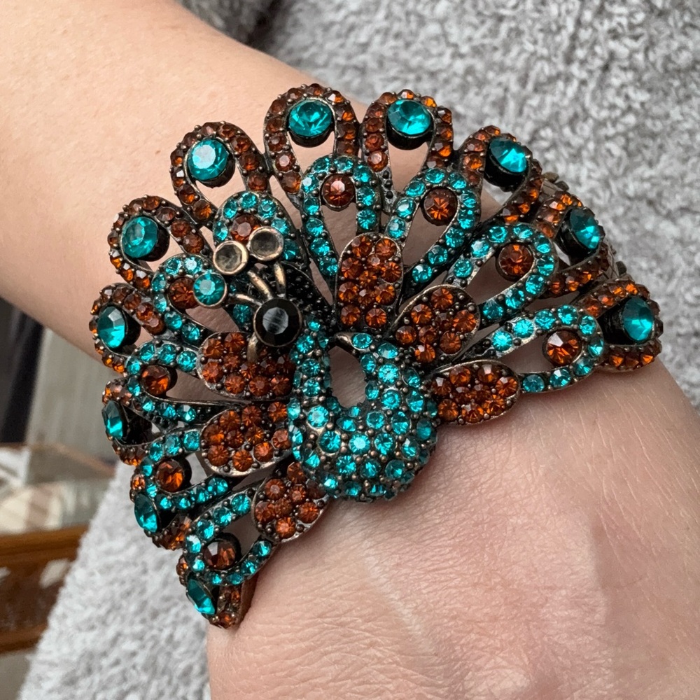 Rhinestone Peacock Statement Bracelet Turquoise Brown Crystal Cuff
